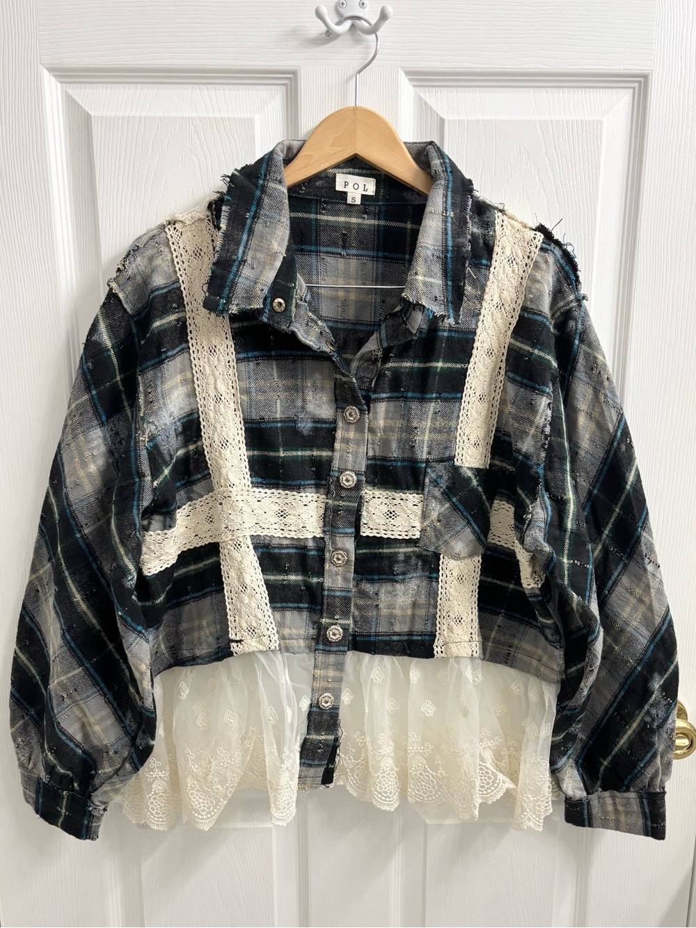 POL Plaid Lace Contrast Top Button Up Oversized Flannel Sheer Boho Mixed Media